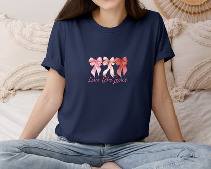 brand:Bella Canvas|color:Navy|Love Like Jesus Pink Coquette Bow 2 Graphic T-Shirt