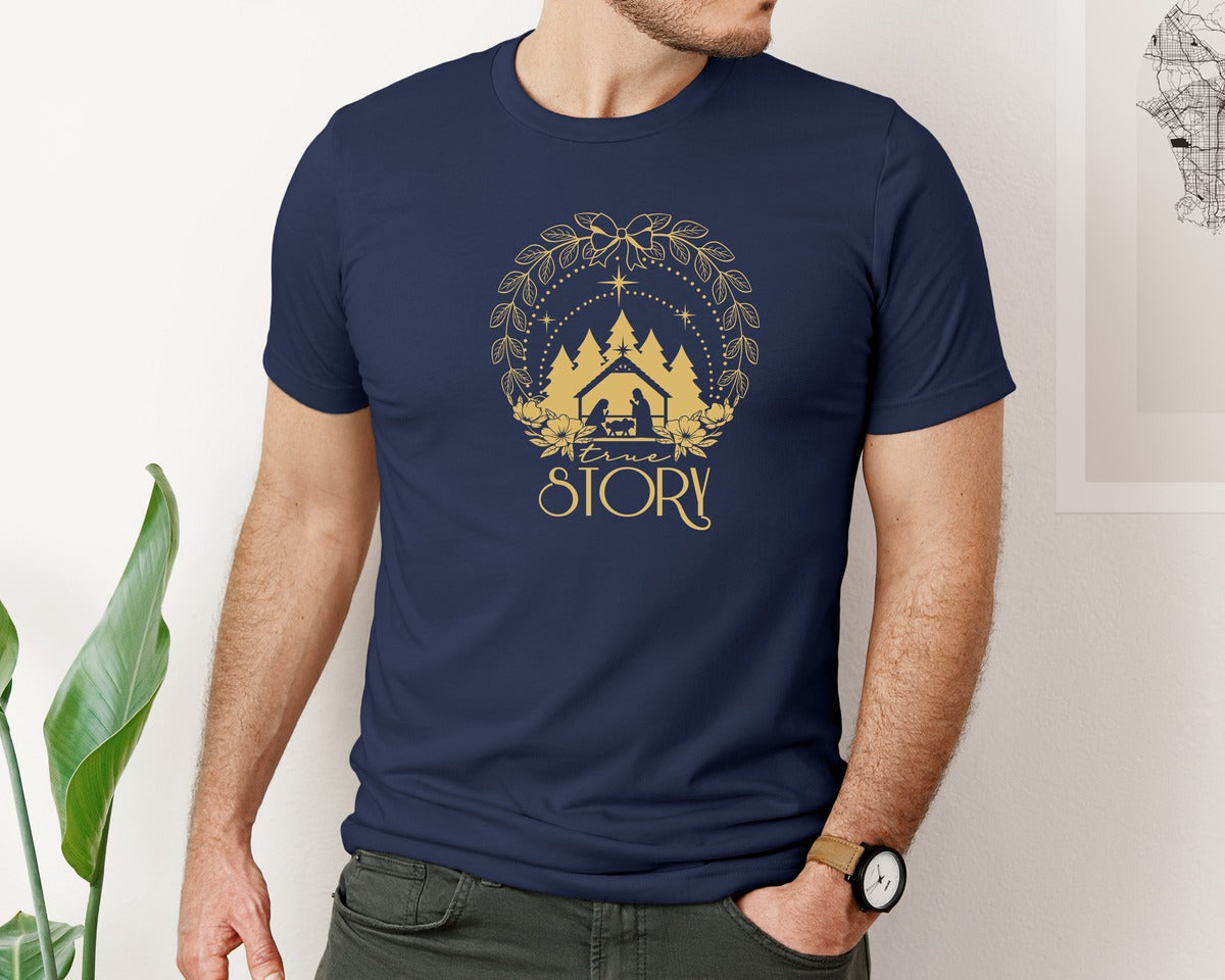 brand:Bella Canvas|color:Navy|True Story Nativity Graphic T-Shirt