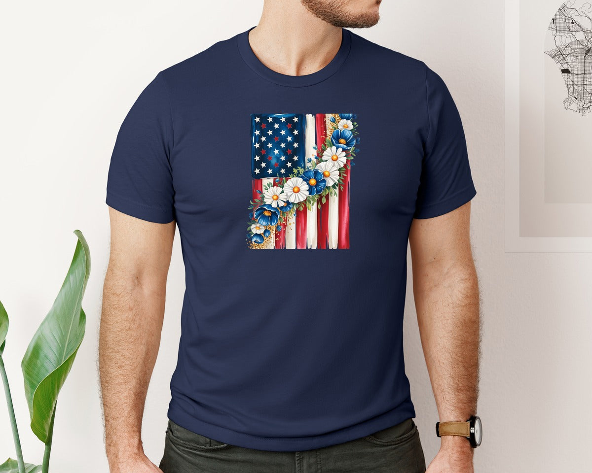 brand:Bella Canvas|color:Navy|Floral American Flag 4 Graphic T-Shirt