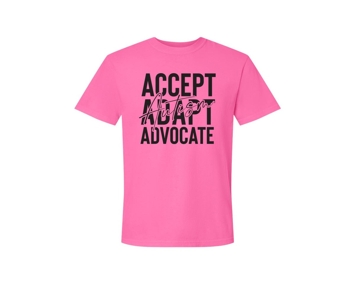 brand:Comfort Colors|color:Neon Pink|Accept Adapt Advocate Autism Graphic T-Shirt