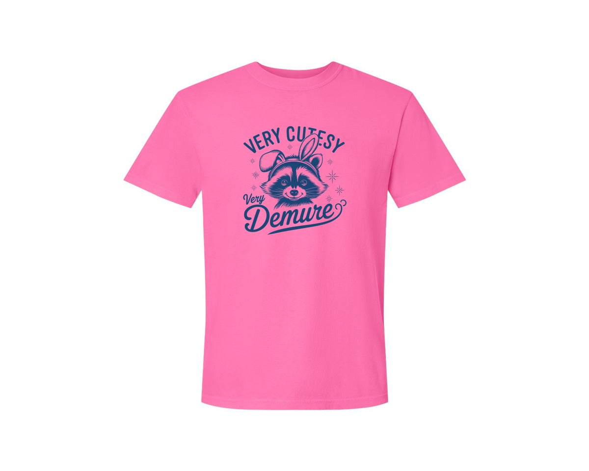 brand:Comfort Colors|color:Neon Pink|Very Cutesy Very Demure Raccoon T Shirt Graphic T-Shirt