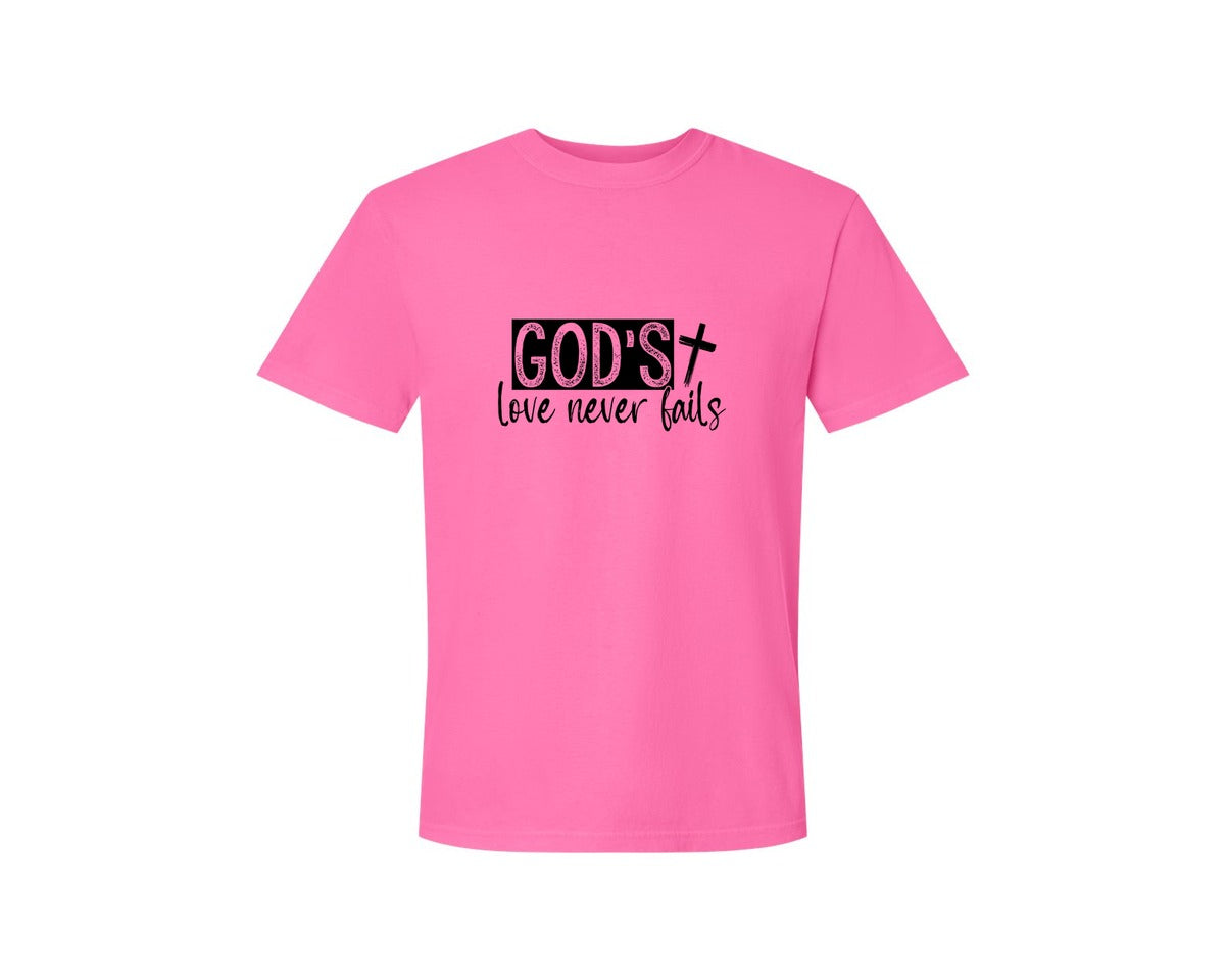 brand:Comfort Colors|color:Neon Pink|Gods Love Never Fails Sleeve Design 2 Graphic T-Shirt
