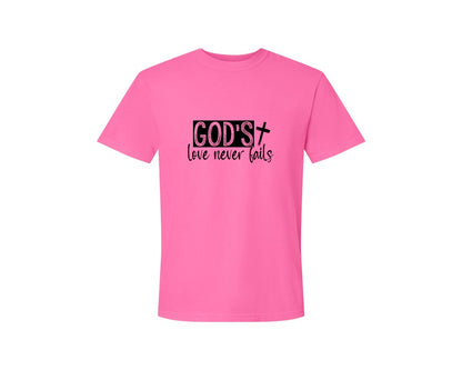 brand:Comfort Colors|color:Neon Pink|Gods Love Never Fails Sleeve Design 2 Graphic T-Shirt