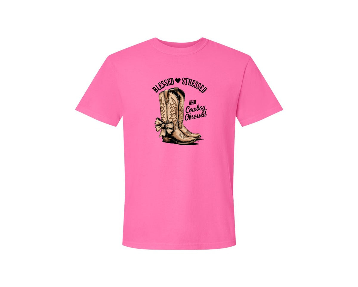 brand:Comfort Colors|color:Neon Pink|Blessed Stressed Mom Western Mothers Day 2 Graphic T-Shirt