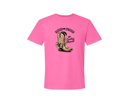 brand:Comfort Colors|color:Neon Pink|Blessed Stressed Mom Western Mothers Day 2 Graphic T-Shirt