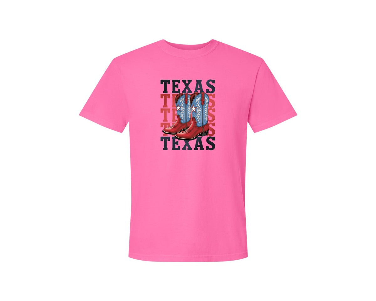 brand:Comfort Colors|color:Neon Pink|Texas Cowboy Boots Western Rodeo 4 Graphic T-Shirt