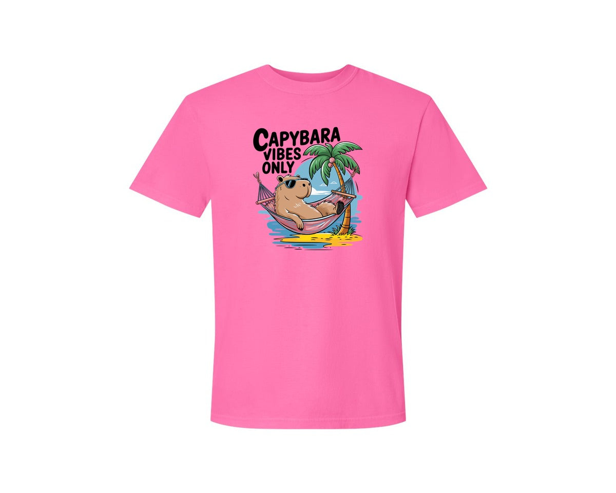 brand:Comfort Colors|color:Neon Pink|Capybara Vibes Only Summer T Shirt Print Graphic T-Shirt