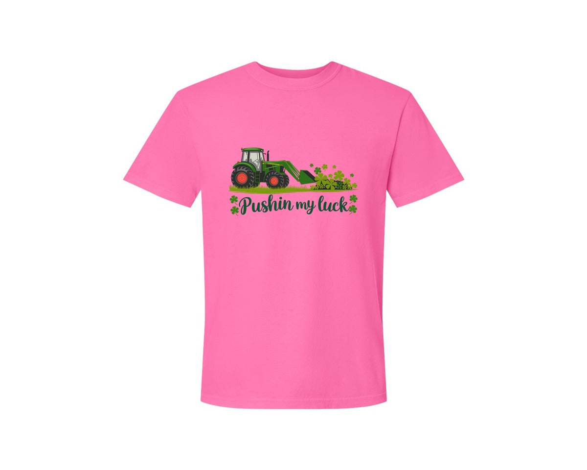 brand:Comfort Colors|color:Neon Pink|Pushin My Luck St Patricks Day 3 Graphic T-Shirt