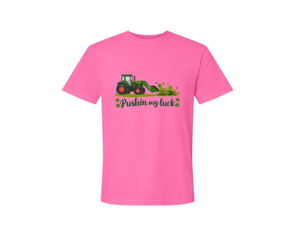 brand:Comfort Colors|color:Neon Pink|Pushin My Luck St Patricks Day 3 Graphic T-Shirt