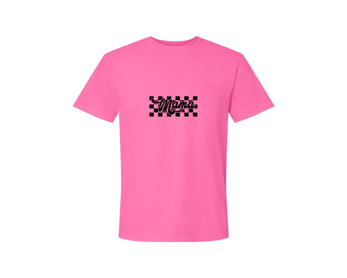 brand:Comfort Colors|color:Neon Pink|Retro Mama Checkered Bow Coquette B Graphic T-Shirt