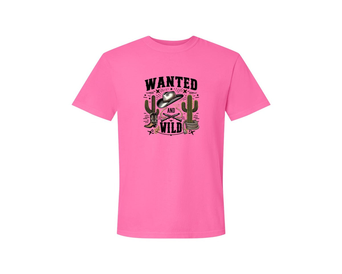 brand:Comfort Colors|color:Neon Pink|Western Wanted And Wild T Shirt Graphic T-Shirt