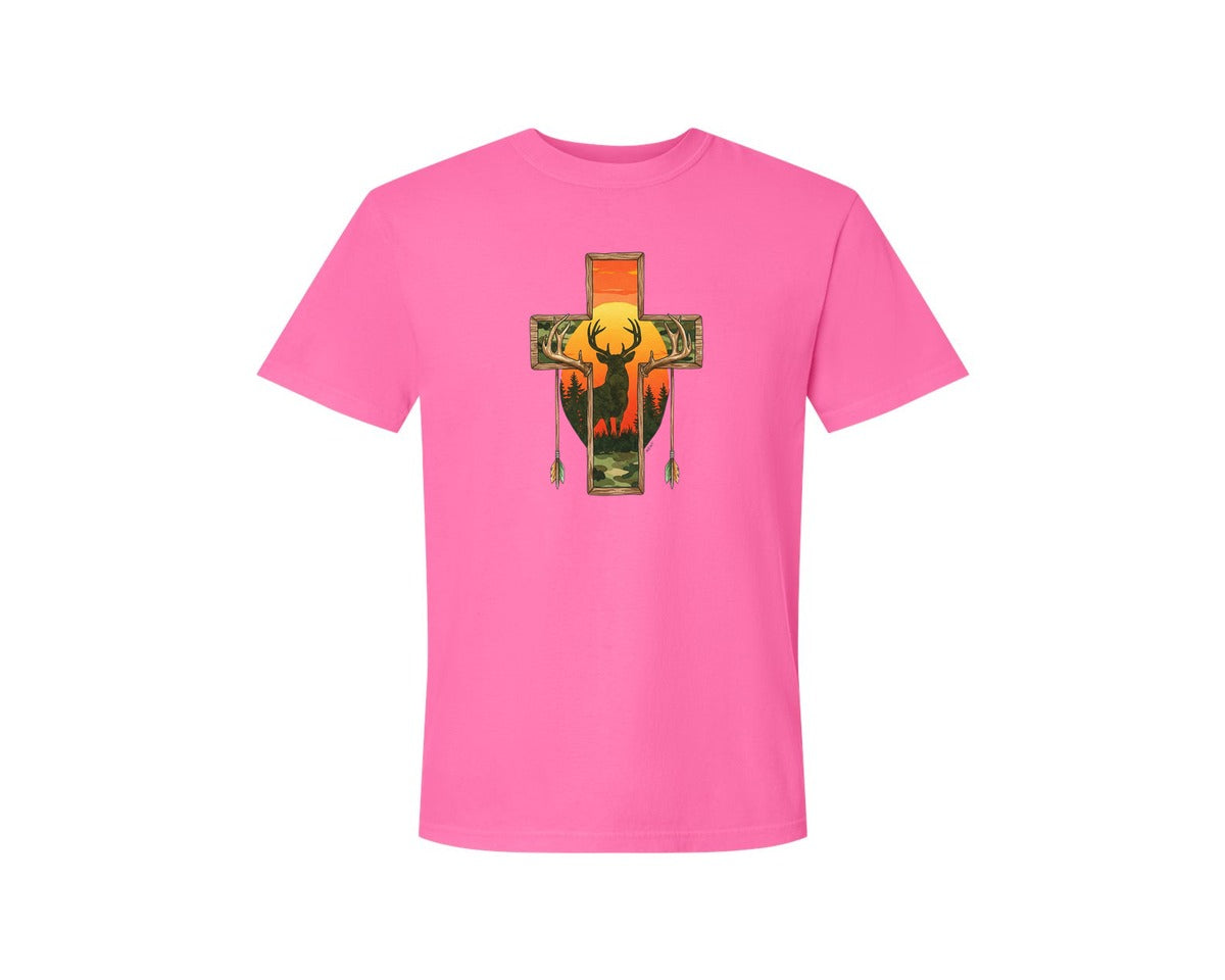 brand:Comfort Colors|color:Neon Pink|Deer Cross Rustic Hunting Cross Sub Graphic T-Shirt