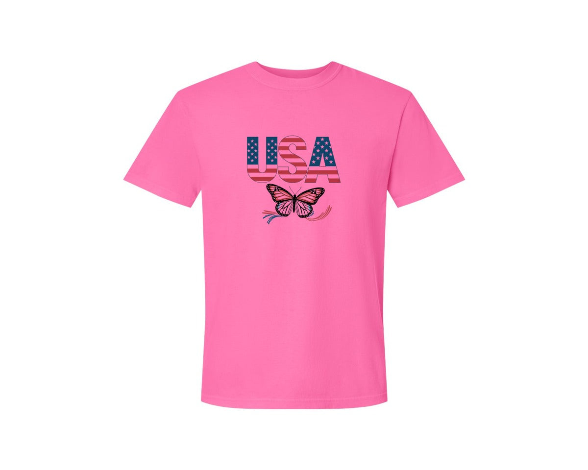 brand:Comfort Colors|color:Neon Pink|Usa Butterfly Patriotic Graphic T-Shirt