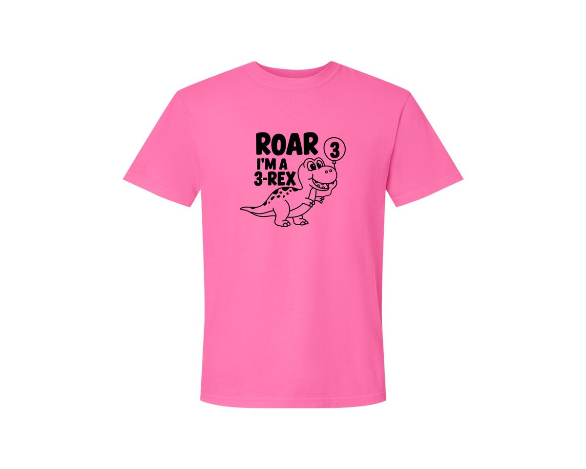 brand:Comfort Colors|color:Neon Pink|3 Rex Dinosaur Birthday Graphic T-Shirt