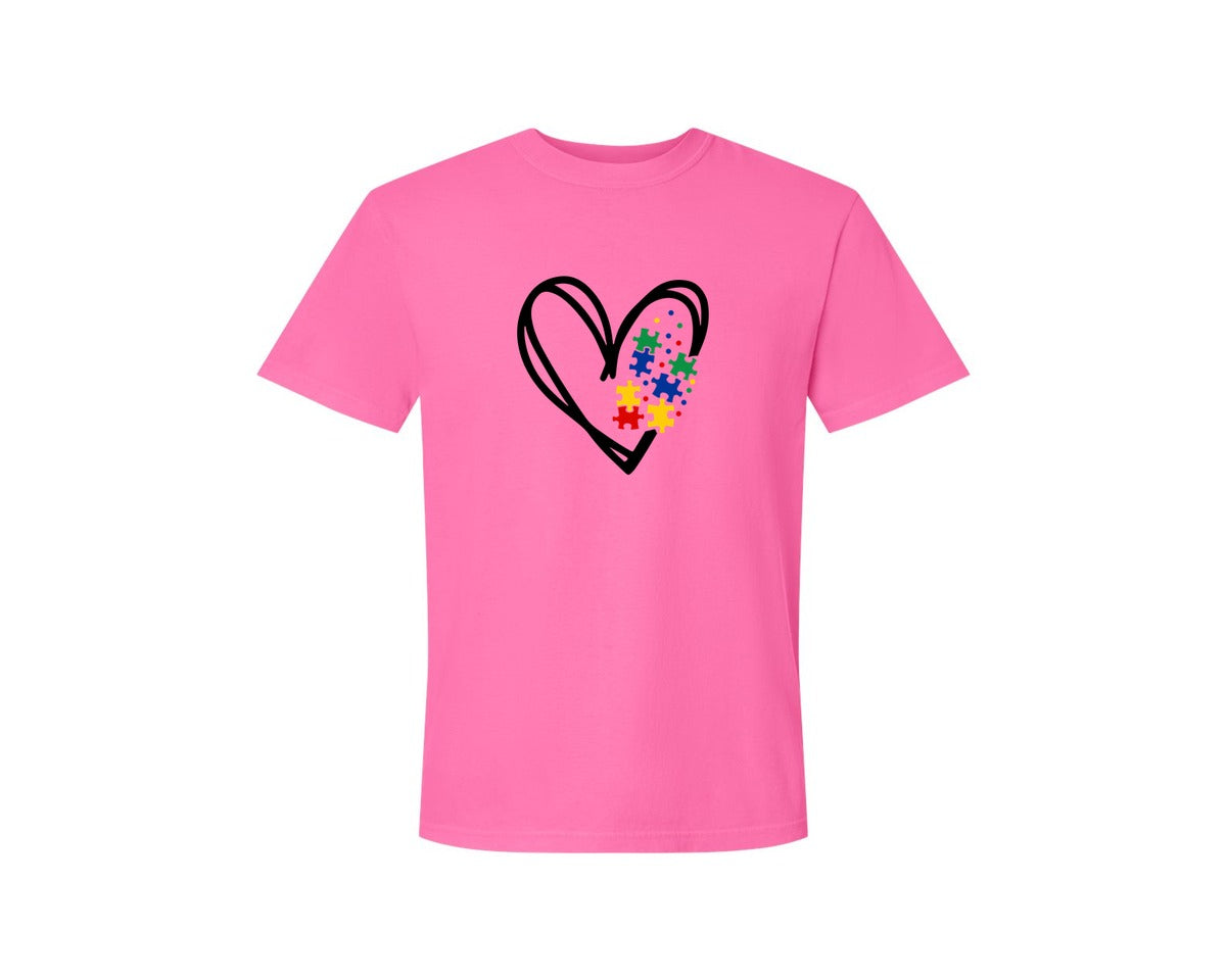 brand:Comfort Colors|color:Neon Pink|Autism Heart Autism Puzzle Graphic T-Shirt