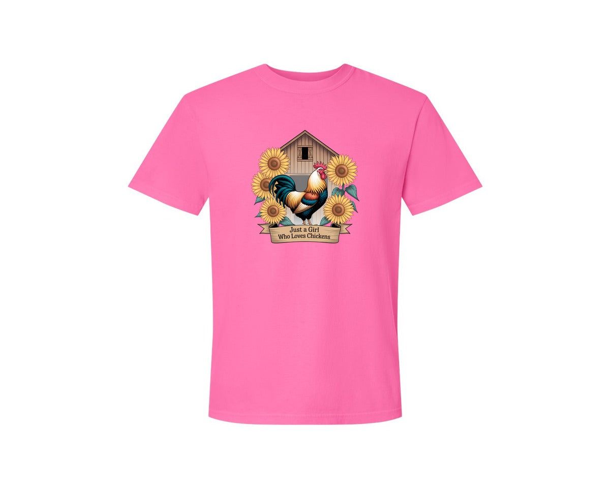 brand:Comfort Colors|color:Neon Pink|Just A Girl Who Loves Chickens 8 Graphic T-Shirt