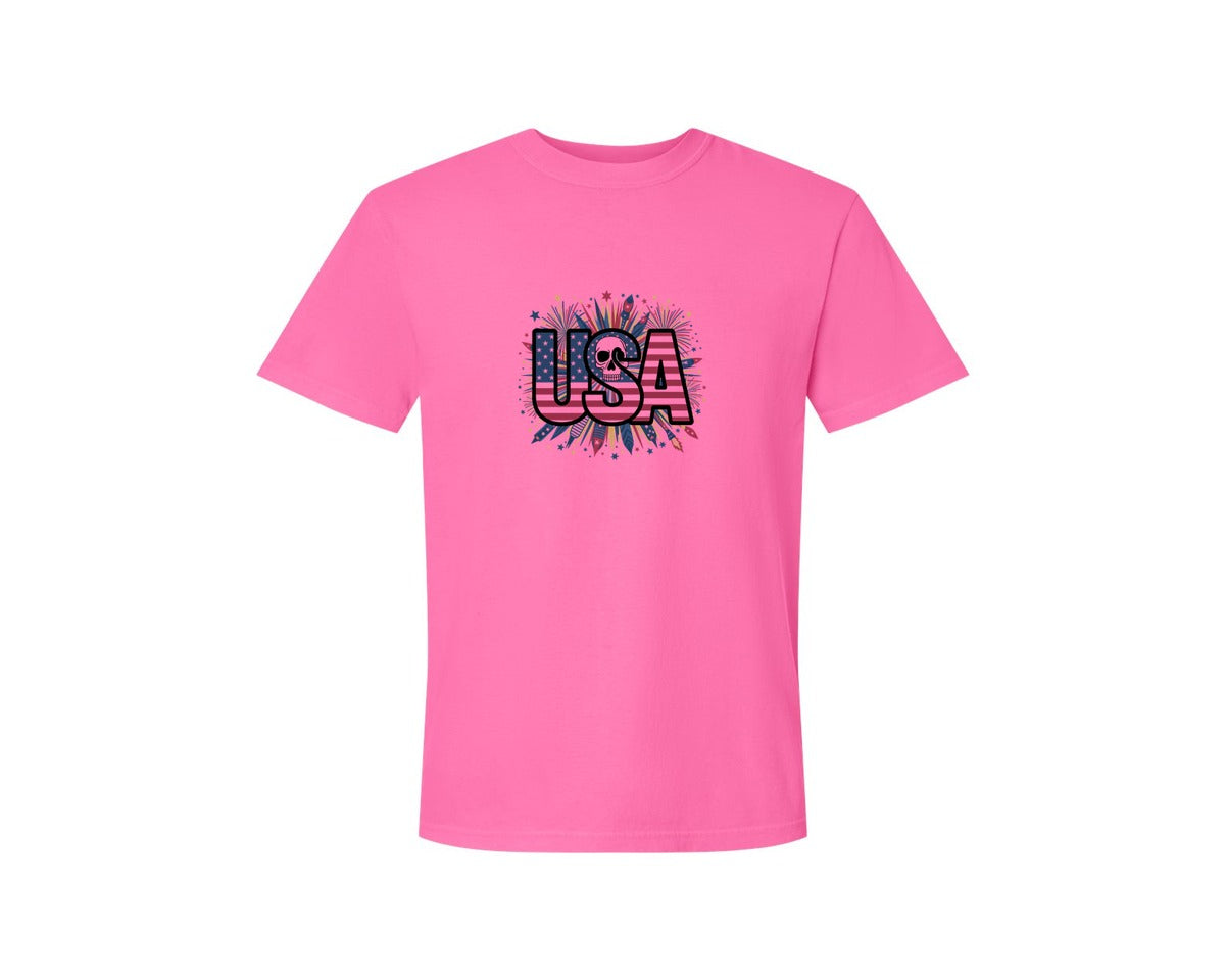 brand:Comfort Colors|color:Neon Pink|Usa Skull Fireworks 4Th Of July T Shirt 2 Graphic T-Shirt