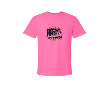 brand:Comfort Colors|color:Neon Pink|Usa Skull Fireworks 4Th Of July T Shirt 2 Graphic T-Shirt