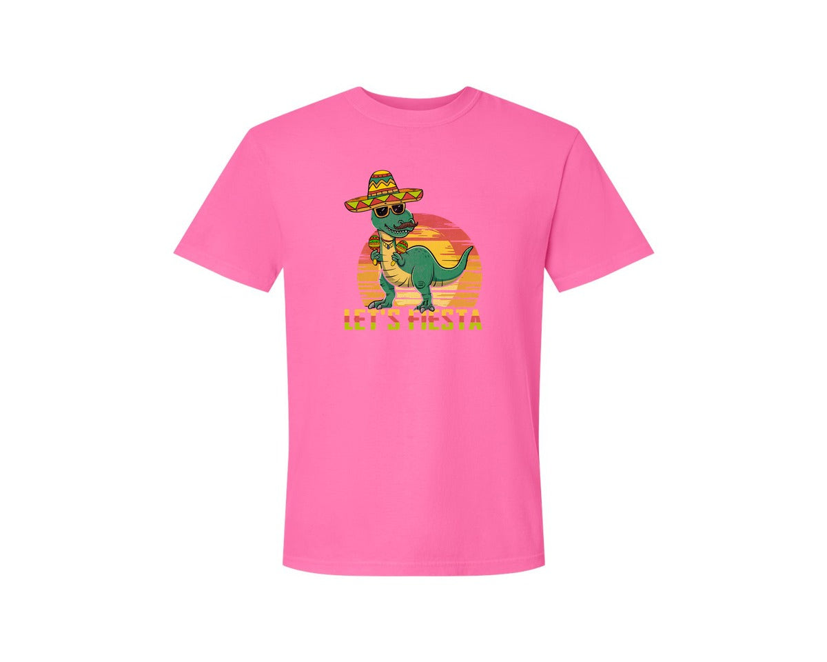 brand:Comfort Colors|color:Neon Pink|Lets Fiesta Dinosaur Cinco De Mayo Graphic T-Shirt