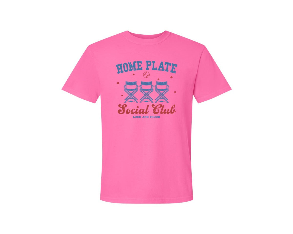 brand:Comfort Colors|color:Neon Pink|Vintage Baseball Home Plate Social Club Graphic T-Shirt