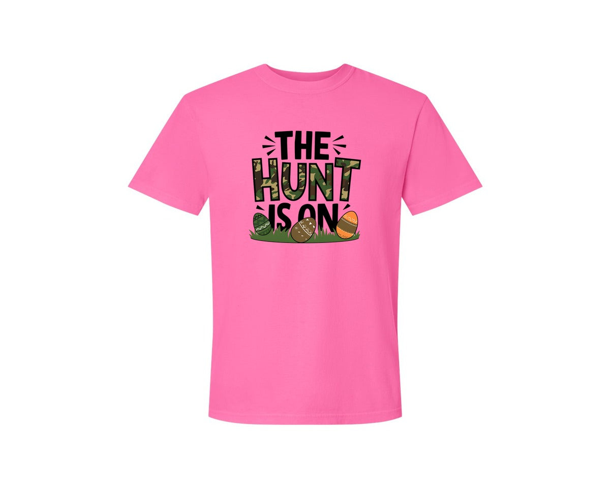 brand:Comfort Colors|color:Neon Pink|The Hunt Is On Camo Easter Egg Camo Graphic T-Shirt