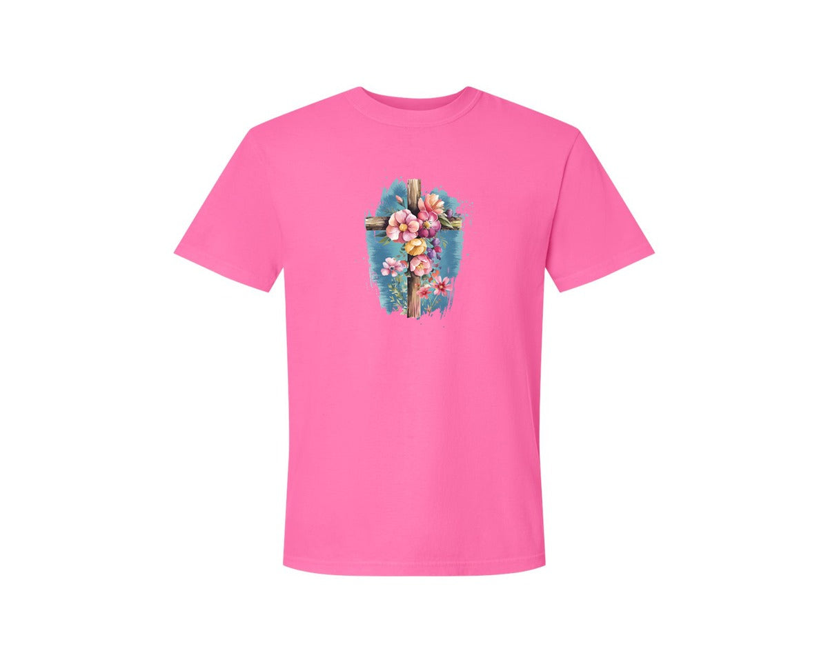 brand:Comfort Colors|color:Neon Pink|Floral Christian Cross Graphic T-Shirt