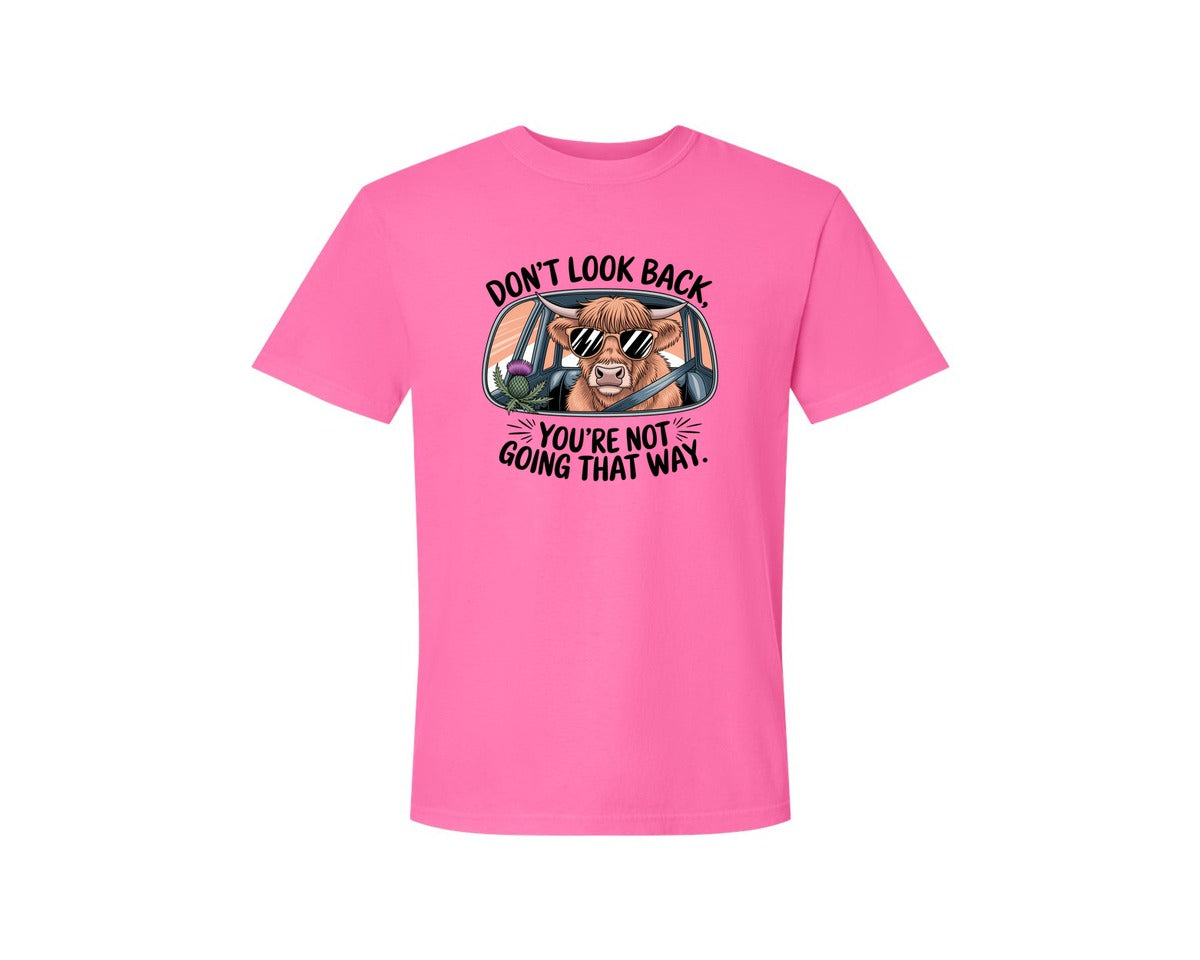 brand:Comfort Colors|color:Neon Pink|Dont Look Back Highland Cow Graphic T-Shirt