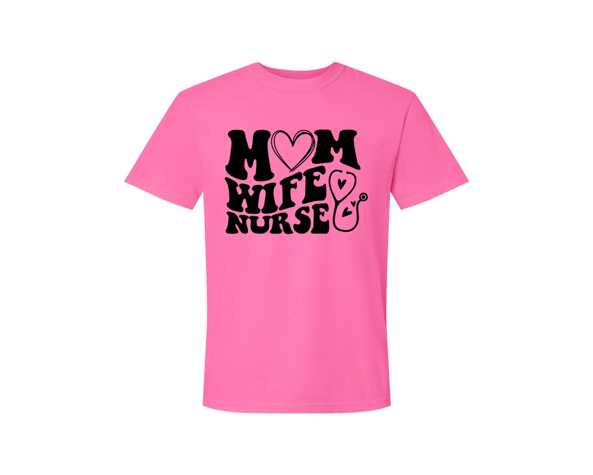 brand:Comfort Colors|color:Neon Pink|Mom Wife Nurse Wavy Graphic T-Shirt