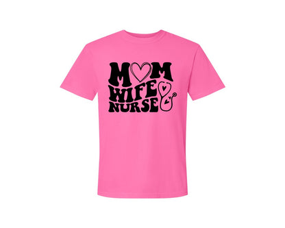 brand:Comfort Colors|color:Neon Pink|Mom Wife Nurse Wavy Graphic T-Shirt