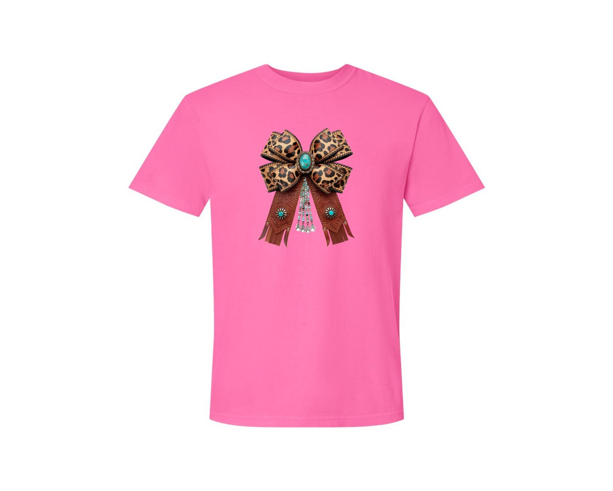 brand:Comfort Colors|color:Neon Pink|Western Leopard Bow Coquette Cowgirl 2 Graphic T-Shirt