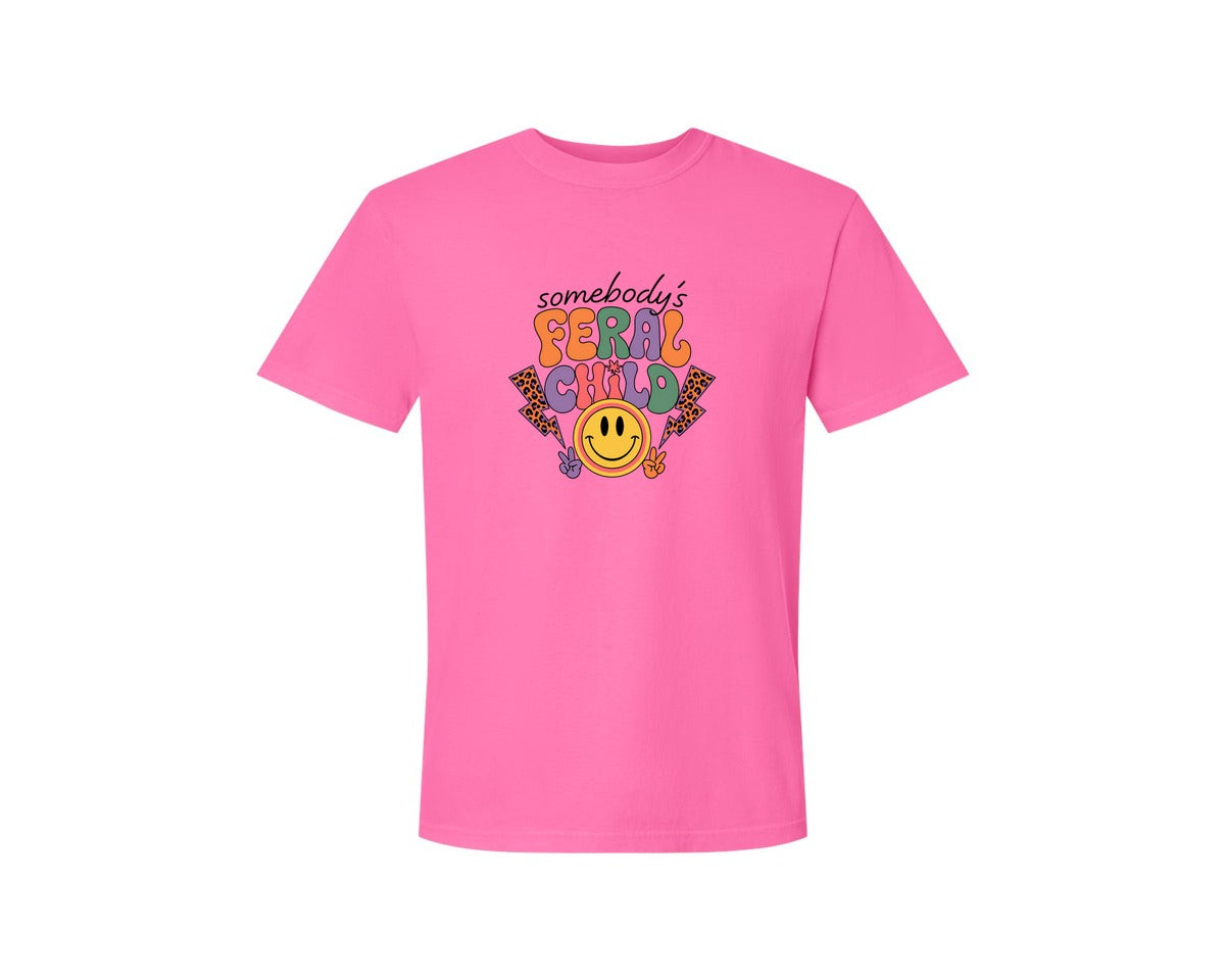 brand:Comfort Colors|color:Neon Pink|Somebodys Feral Child Funny Summer Graphic T-Shirt