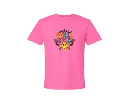 brand:Comfort Colors|color:Neon Pink|Somebodys Feral Child Funny Summer Graphic T-Shirt