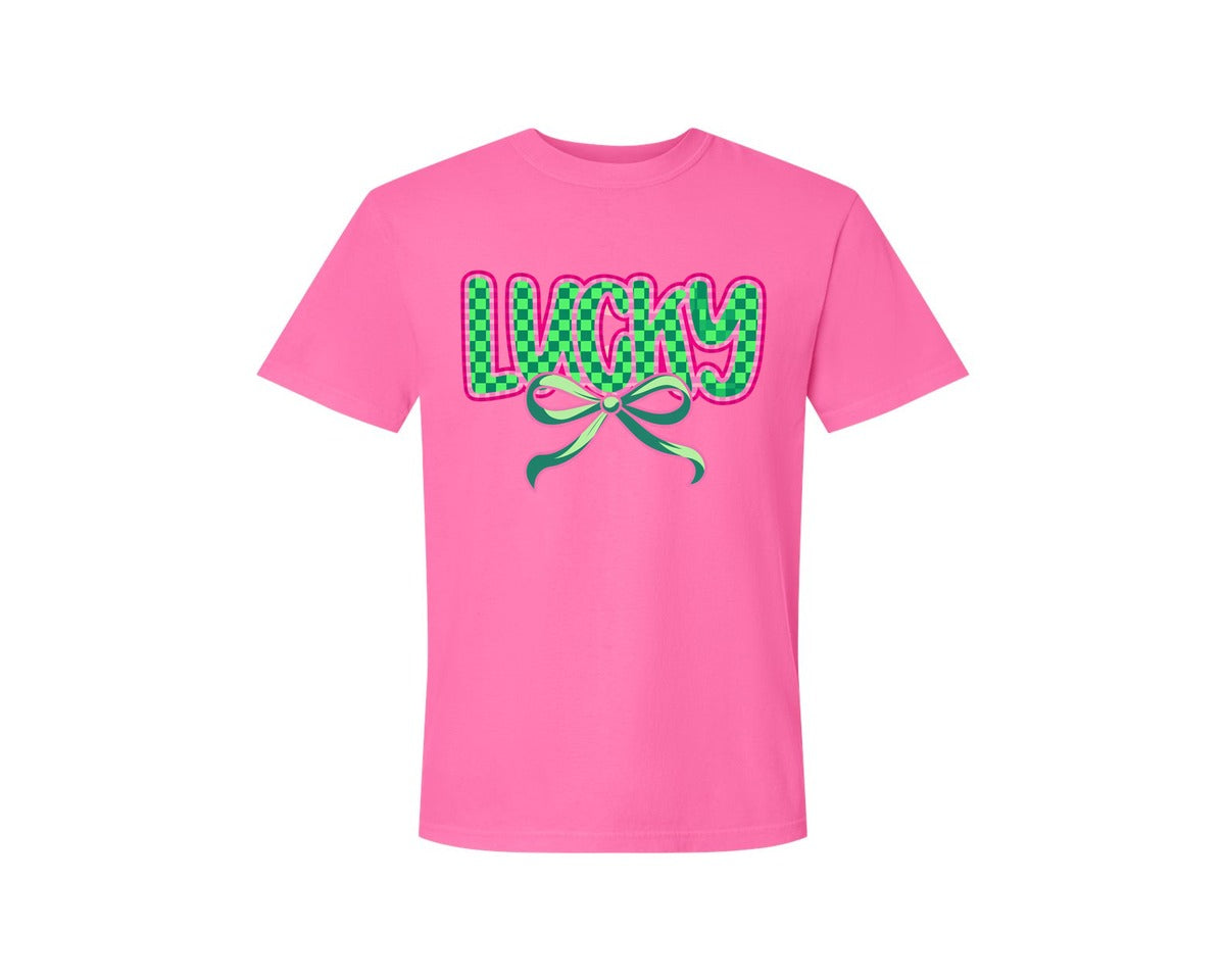 brand:Comfort Colors|color:Neon Pink|Lucky St Patricks Day Aesthetic Graphic T-Shirt