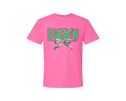 brand:Comfort Colors|color:Neon Pink|Lucky St Patricks Day Aesthetic Graphic T-Shirt