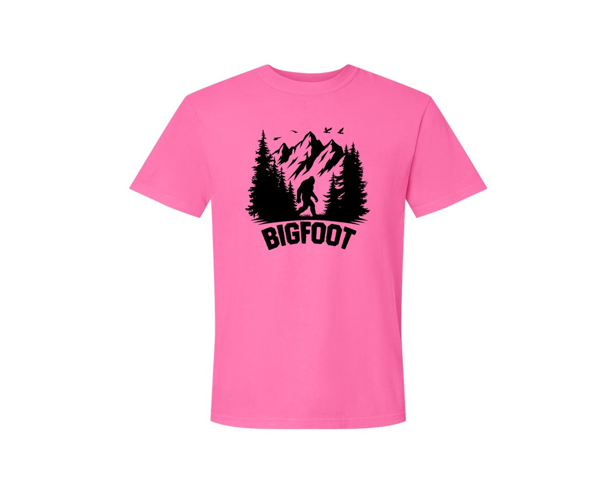 brand:Comfort Colors|color:Neon Pink|Retro Bigfoot Silhouette Pixel Art Graphic T-Shirt