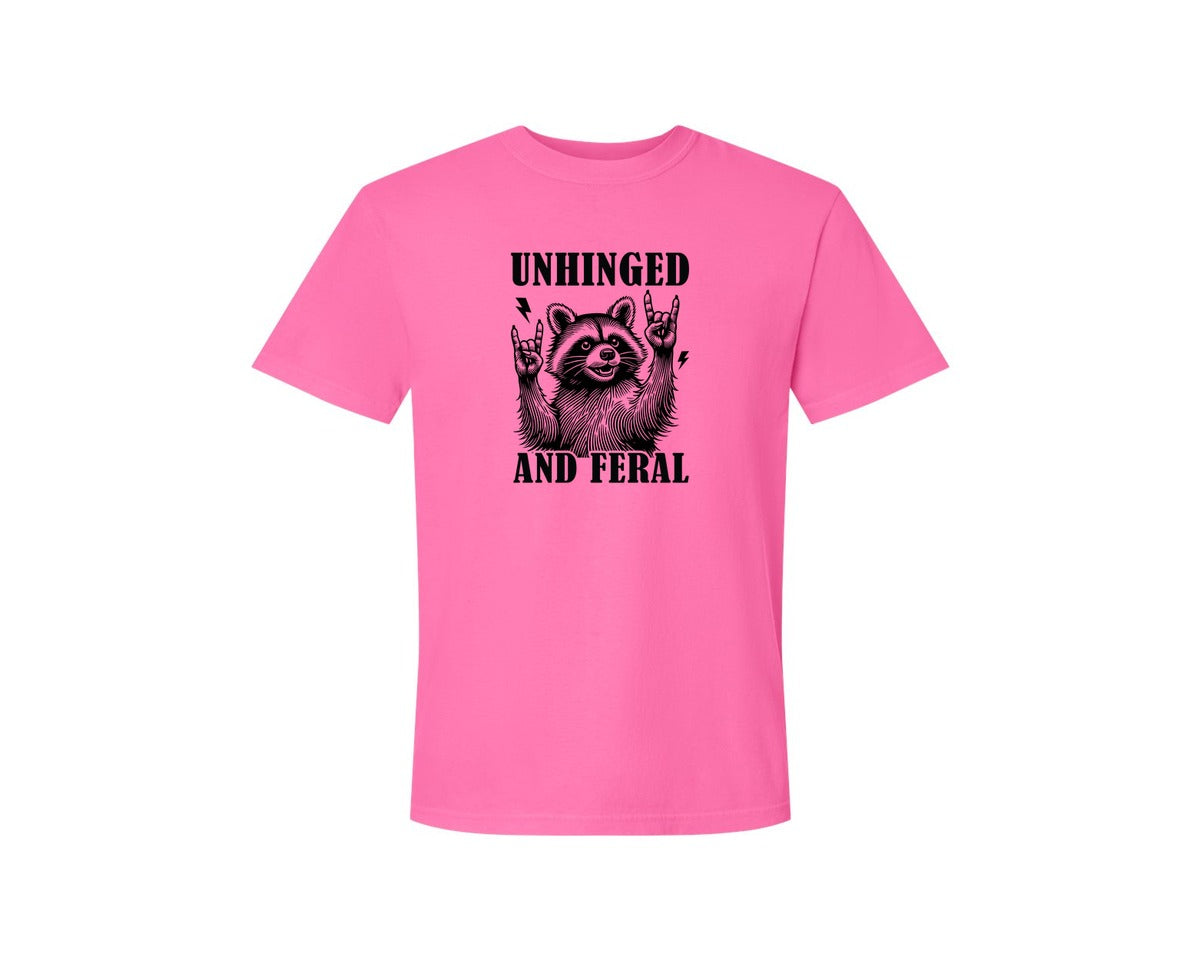 brand:Comfort Colors|color:Neon Pink|Unhinged And Feral Vintage Raccoon Meme Graphic T-Shirt