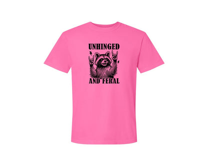 brand:Comfort Colors|color:Neon Pink|Unhinged And Feral Vintage Raccoon Meme Graphic T-Shirt