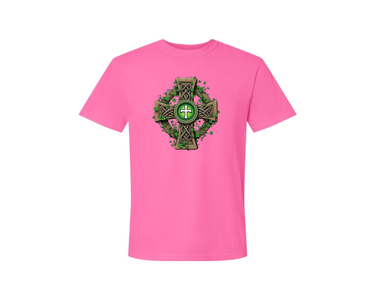 brand:Comfort Colors|color:Neon Pink|Celtic Cross With Shamrocks Irish Graphic T-Shirt