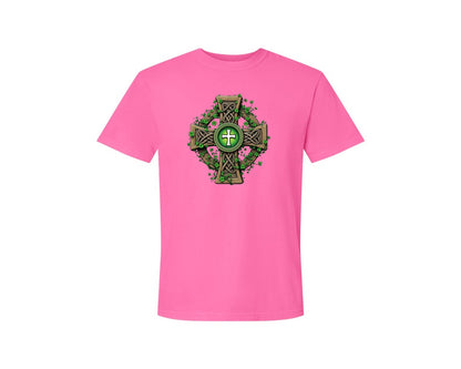 brand:Comfort Colors|color:Neon Pink|Celtic Cross With Shamrocks Irish Graphic T-Shirt