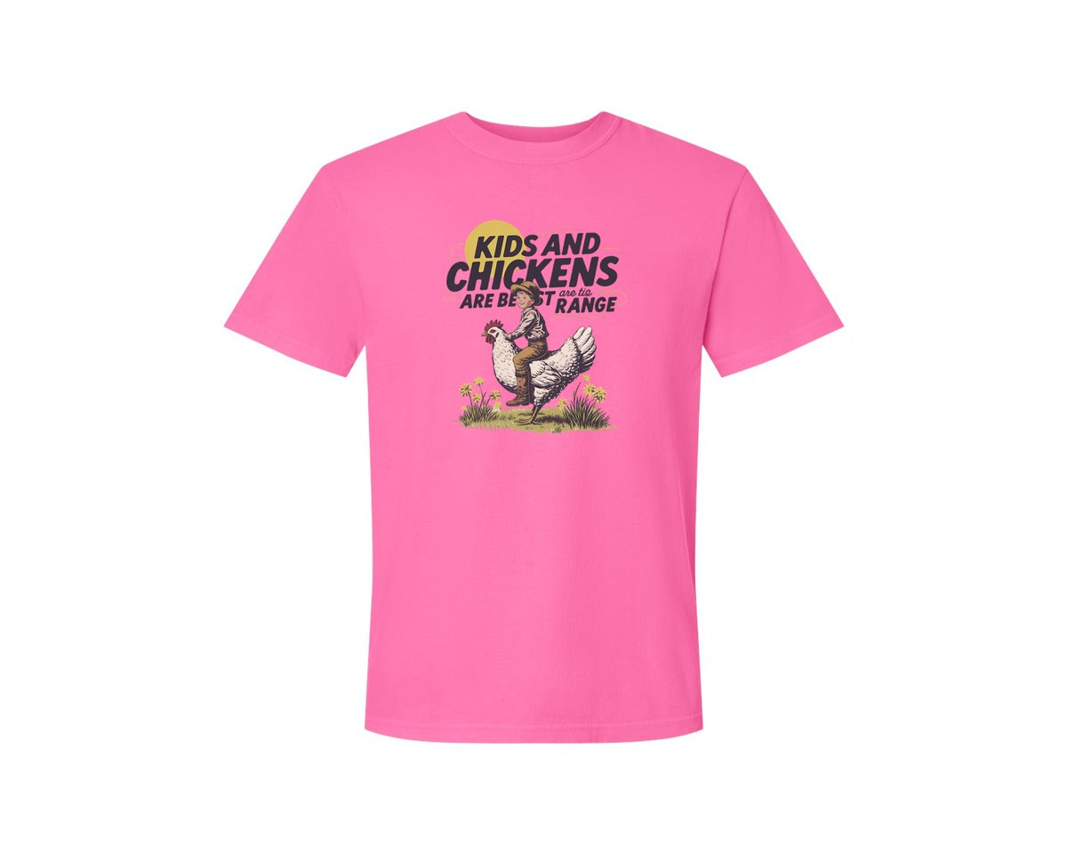 brand:Comfort Colors|color:Neon Pink|Kids And Chickens Vintage Farm Graphic T-Shirt