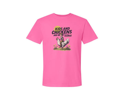 brand:Comfort Colors|color:Neon Pink|Kids And Chickens Vintage Farm Graphic T-Shirt