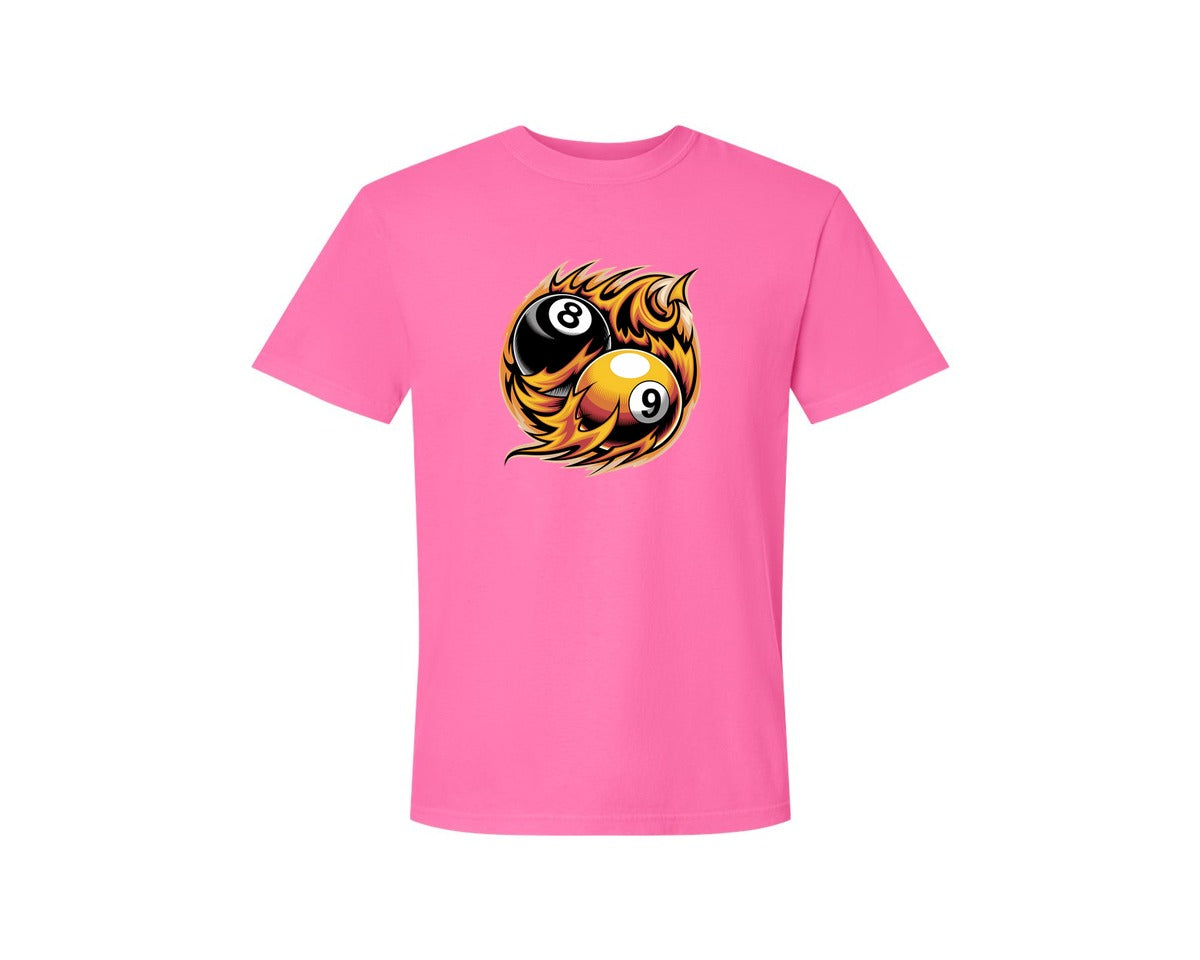 brand:Comfort Colors|color:Neon Pink|Flaming 8 9 Ball Billiards Graphic T-Shirt
