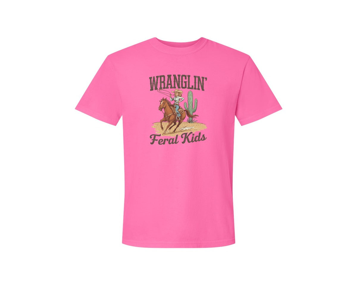 brand:Comfort Colors|color:Neon Pink|Wranglin Feral Kids Western Mothers Day 3 Graphic T-Shirt