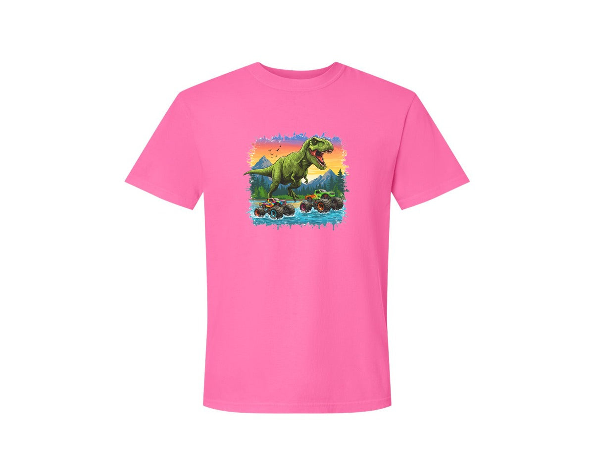 brand:Comfort Colors|color:Neon Pink|Dinosaur Monster Truck T Rex Graphic T-Shirt