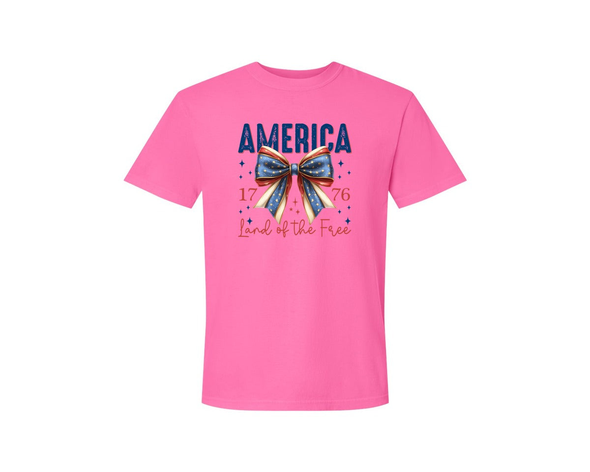 brand:Comfort Colors|color:Neon Pink|America Bow Land Of The Free Graphic T-Shirt