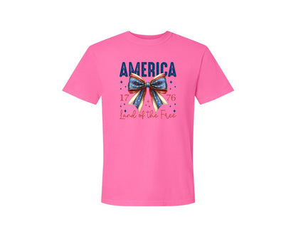 brand:Comfort Colors|color:Neon Pink|America Bow Land Of The Free Graphic T-Shirt
