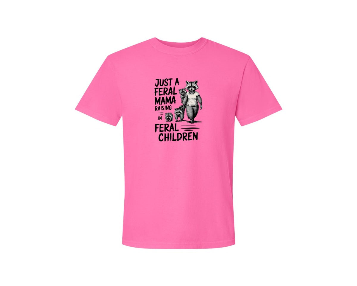 brand:Comfort Colors|color:Neon Pink|Funny Mothers Day Raccoon Mama Tired Graphic T-Shirt