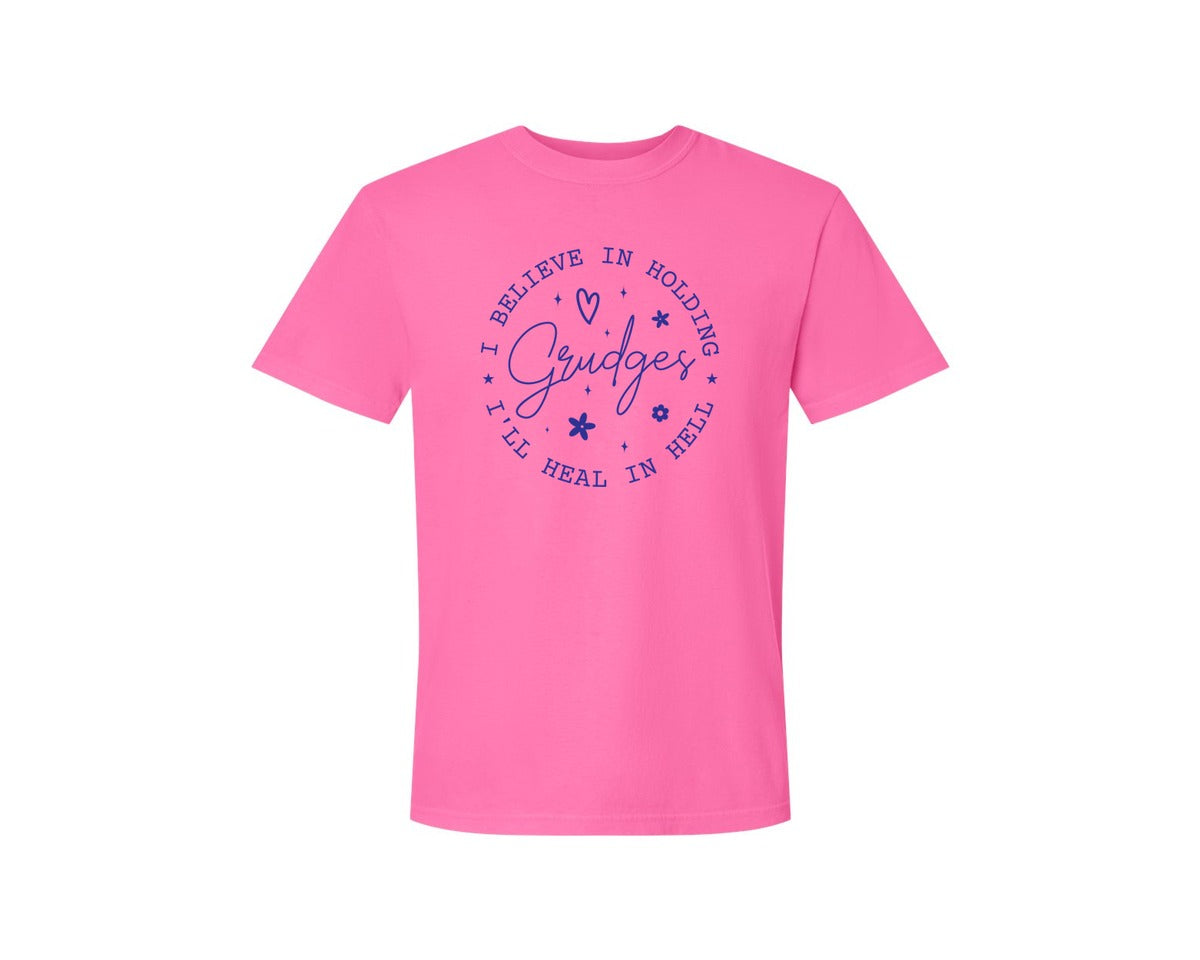 brand:Comfort Colors|color:Neon Pink|I Believe In Holding Grudges Ill Heal Graphic T-Shirt