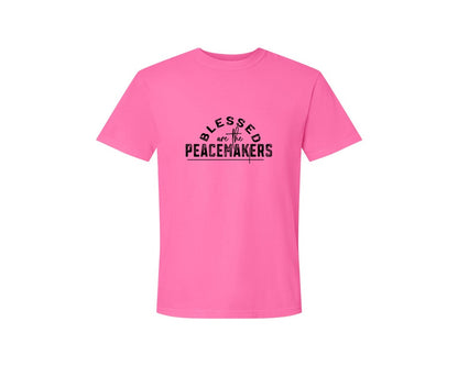 brand:Comfort Colors|color:Neon Pink|Blessed Are The Peacemakers Sleeve 3 Graphic T-Shirt