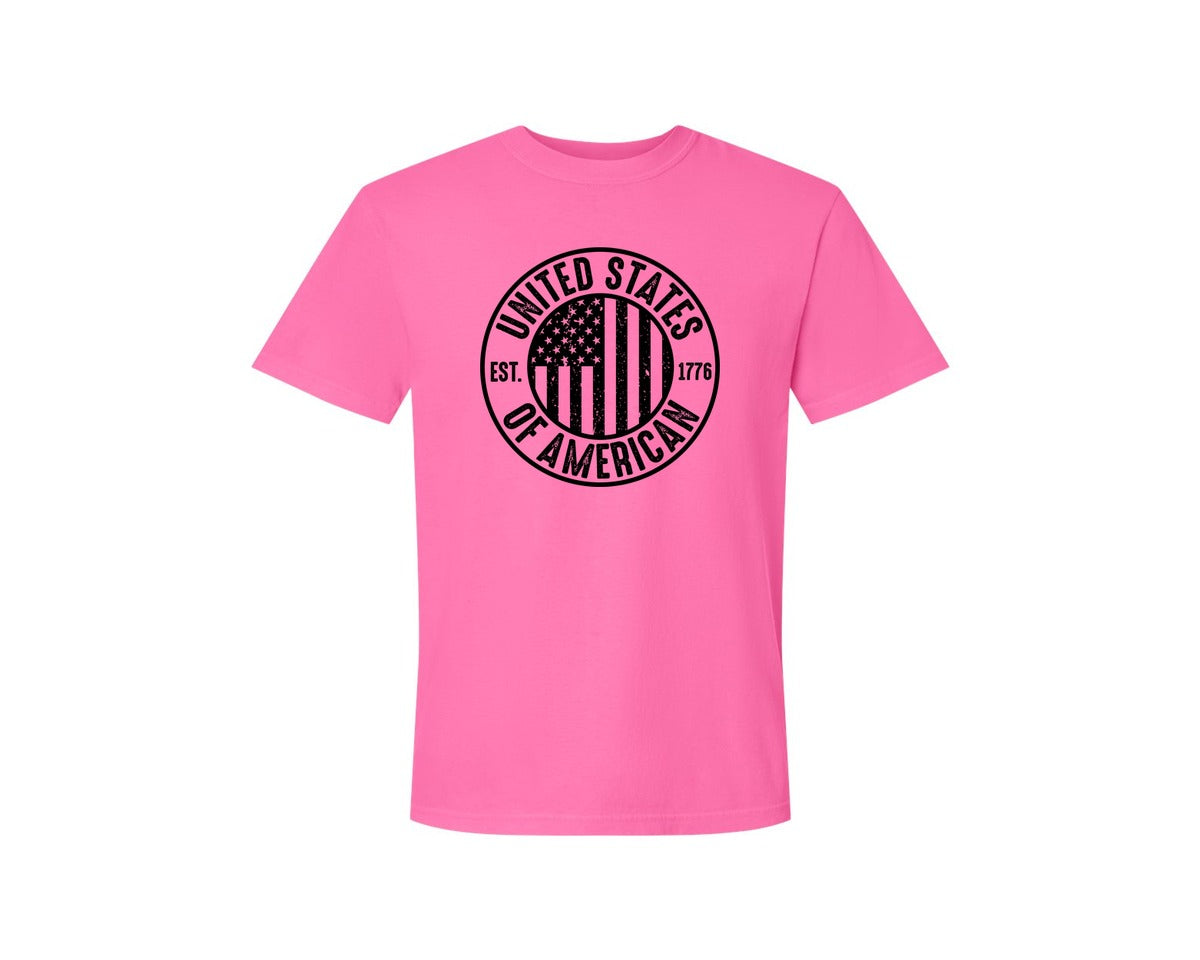 brand:Comfort Colors|color:Neon Pink|United States Of America Patriotic Graphic T-Shirt